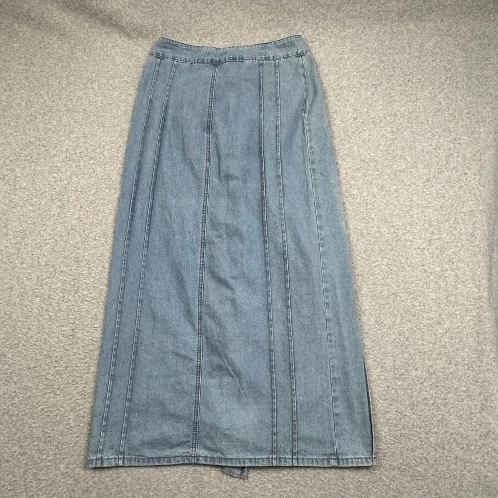 Edikted Denim Maxi Skirt Light Wash Ruffle Front Slit Y2K Blue Women Size M NEW